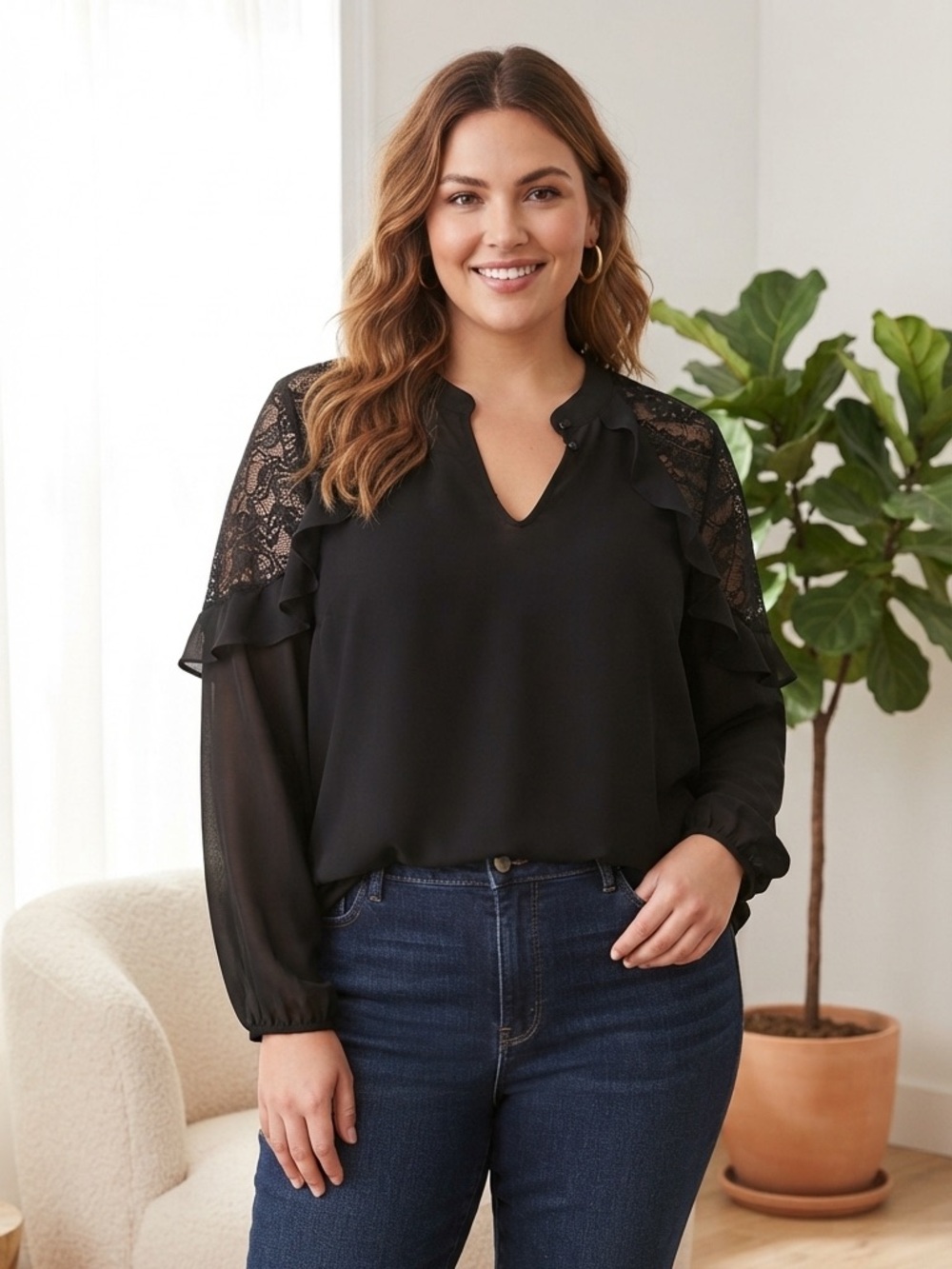 torrid Black Lace-Panel Ruffle V-Neck Blouse